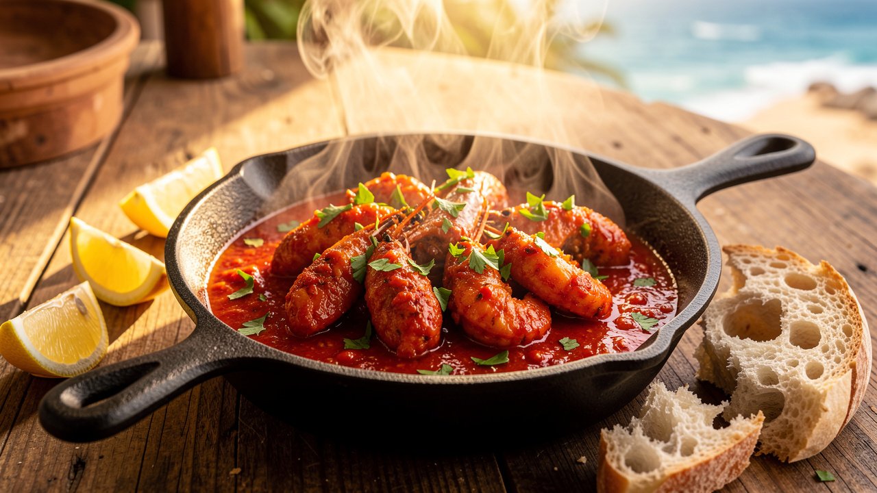 Finished peri-peri prawns garnished with parsley, served with lemon and bread