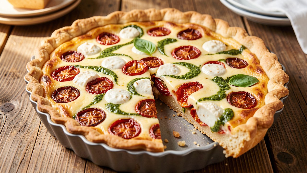 Sun-dried tomato and goat cheese quiche with pesto swirls, one wedge lifted from the tart tin