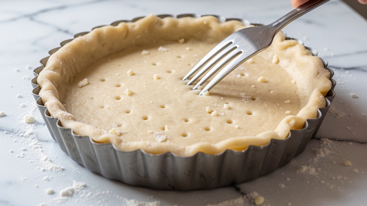 Fork docking the base of raw quiche pastry lined into a fluted tart tin