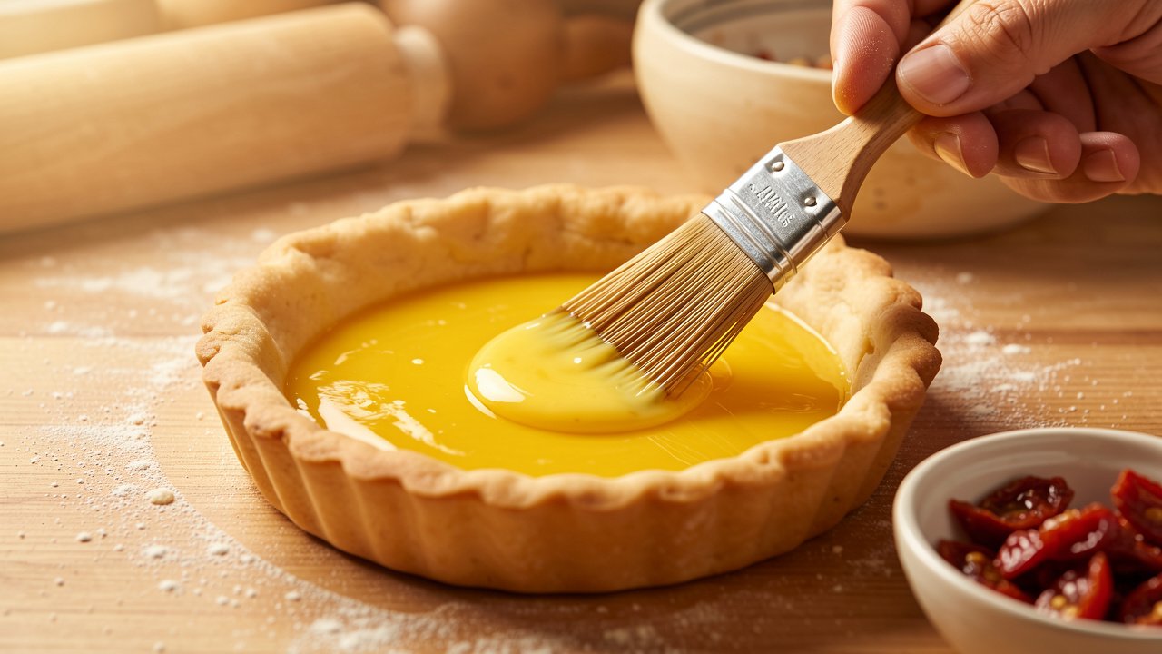 Brushing beaten egg over a hot blind-baked quiche shell to seal the pastry