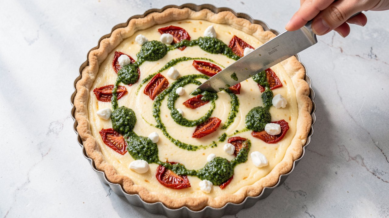 Goat cheese dotted and pesto swirled into the custard of an unbaked quiche