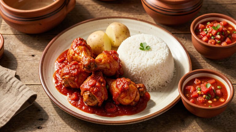 A plate of Bolivian picante de pollo with chicken in red aji sauce, white rice, boiled potato, and llajwa