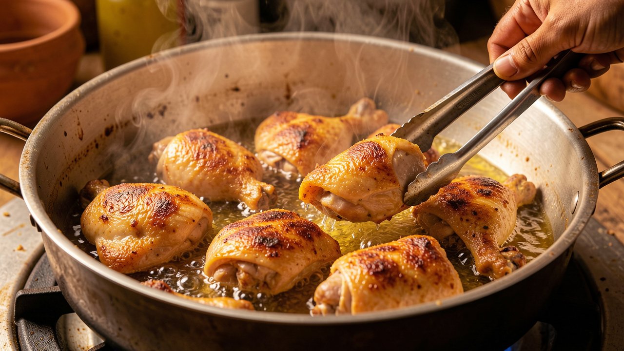 Halal chicken pieces browning skin-side down in a heavy pot