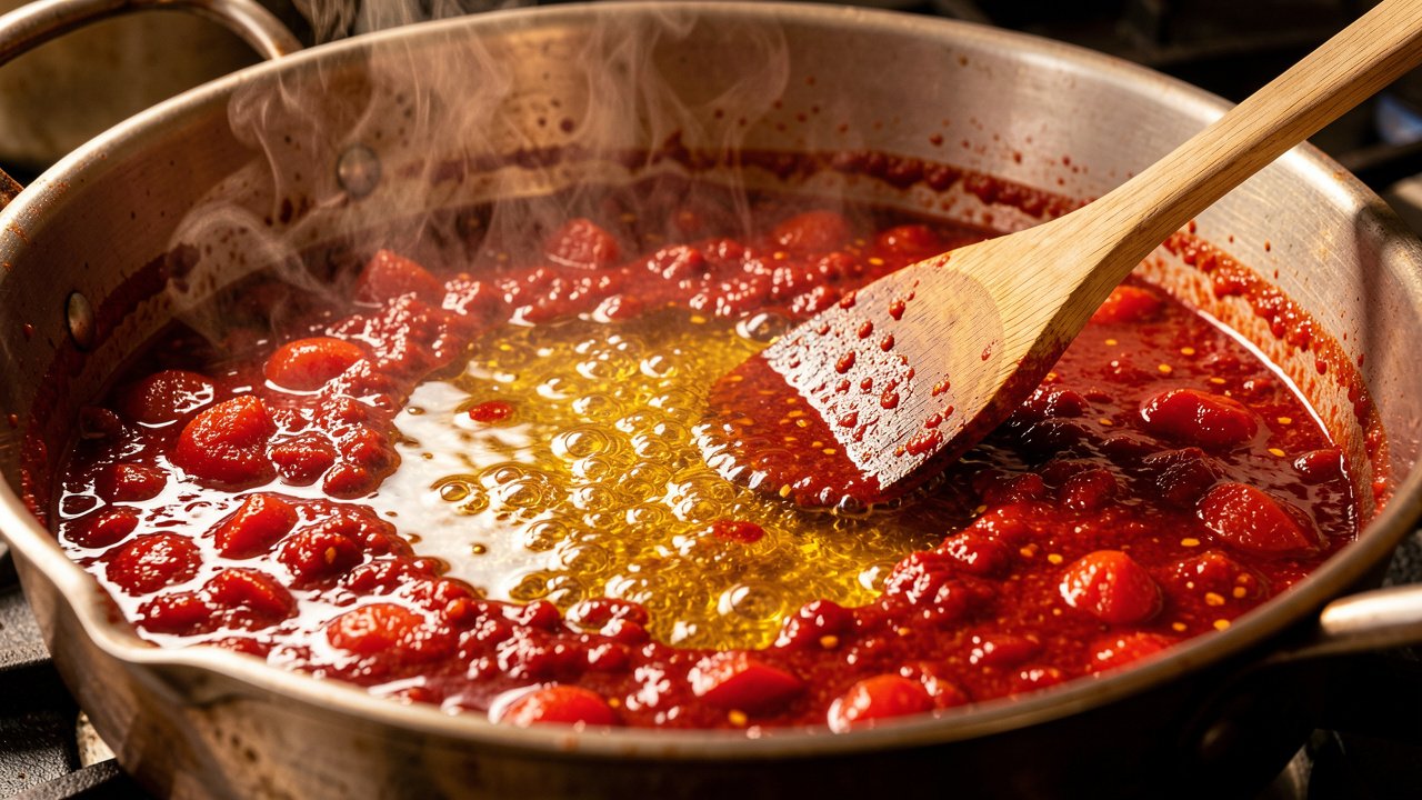 Aji paste and tomatoes cooking down into a thick deep-red spicy sauce