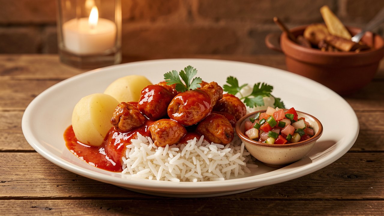 Finished picante de pollo plated with rice, boiled potato, and a bowl of llajwa salsa
