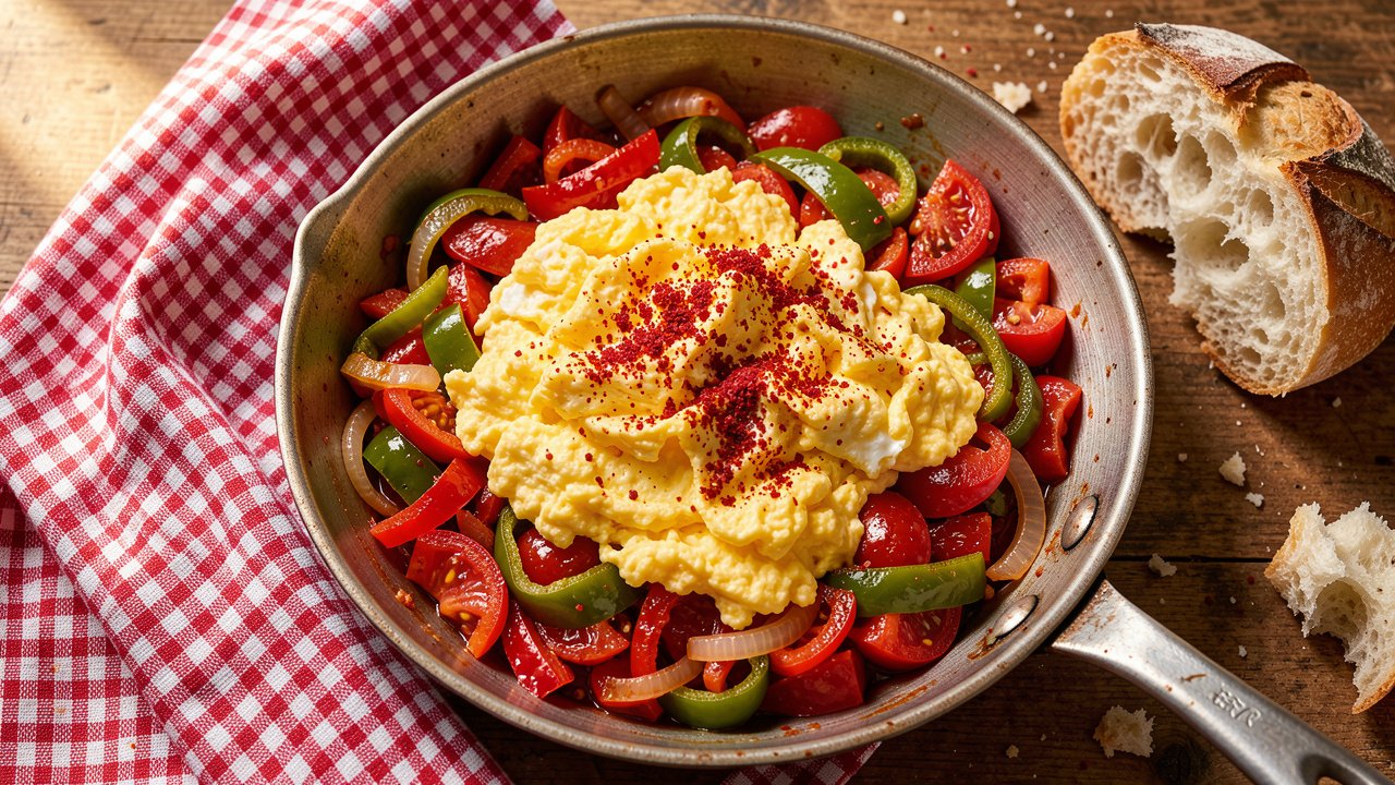 A pan of Basque piperade with soft eggs folded through peppers and tomato, served with crusty bread