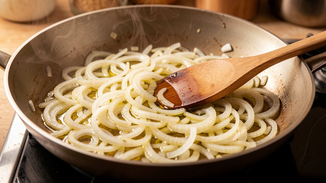 Sliced onions softening gently in olive oil in a wide pan