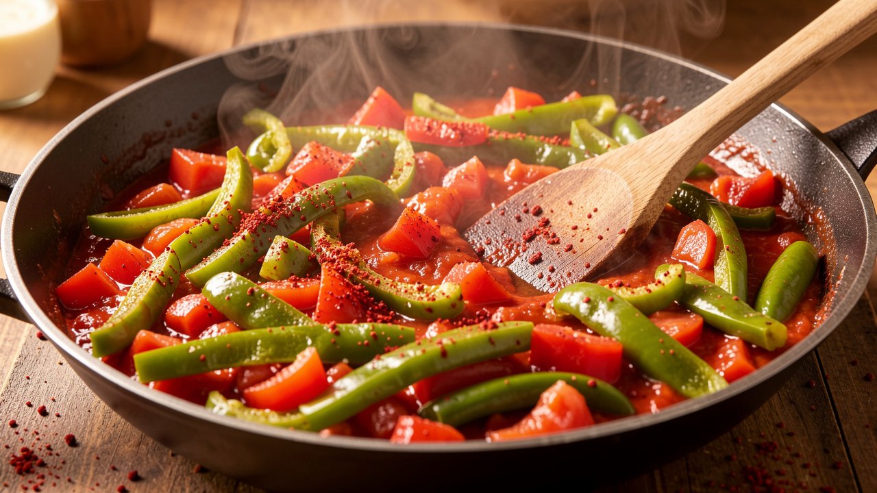 Peppers and tomatoes simmering into a thick jammy Basque base in a pan