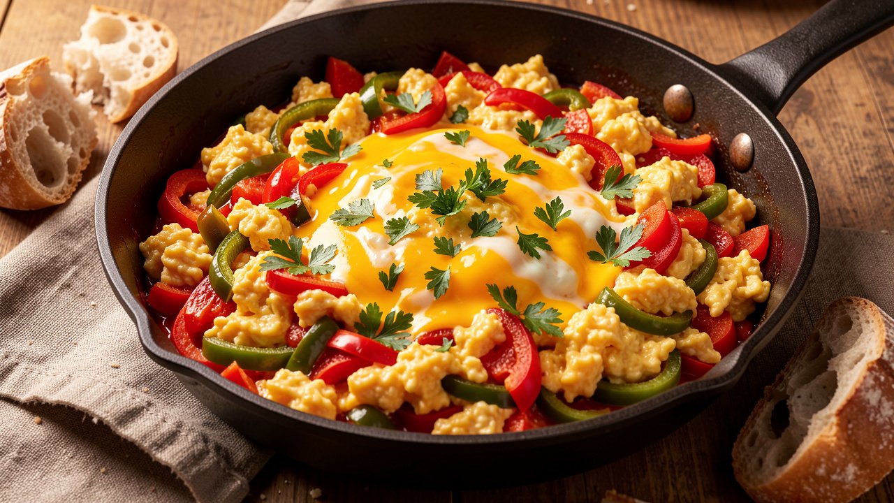 Beaten eggs folded through soft peppers and tomato into a loose scramble, topped with parsley
