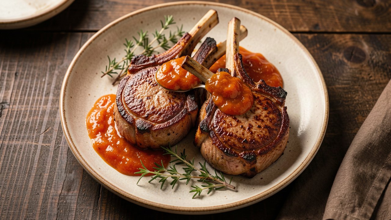 Thick seared bone-in lamb loin chops topped with glossy apricot tomato chutney and fresh thyme