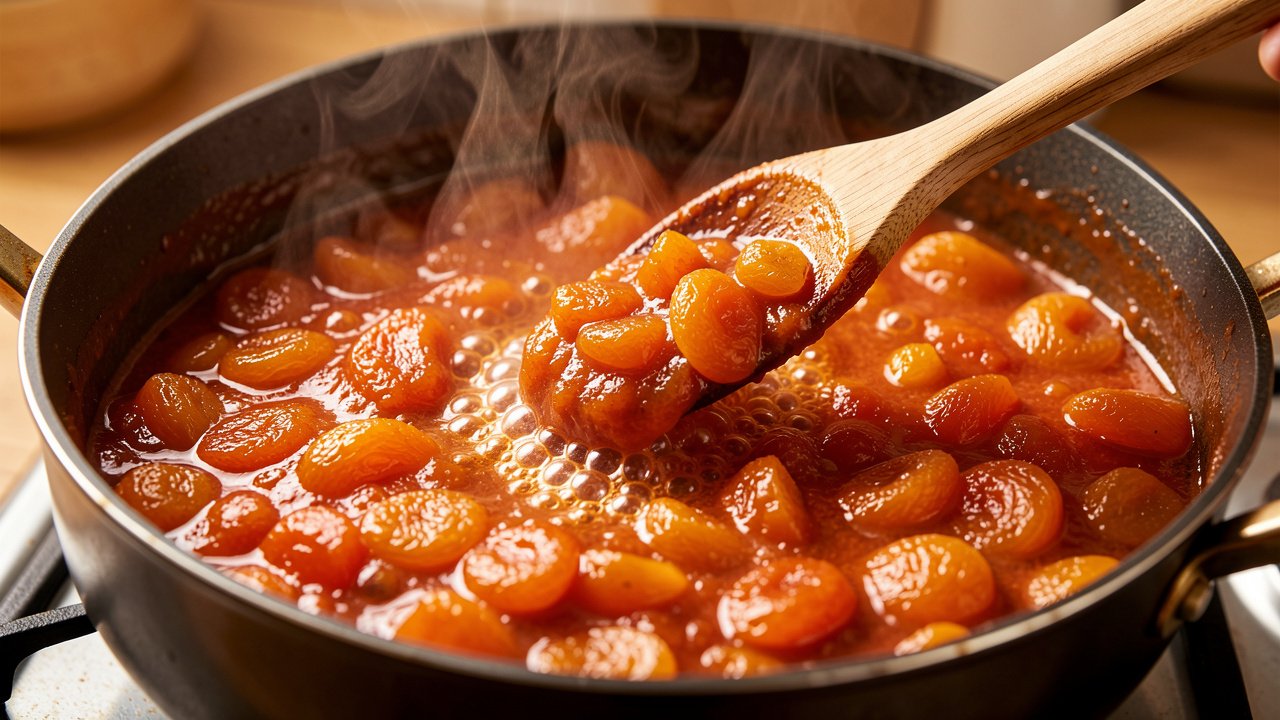 Apricot tomato chutney thickening in a saucepan with a spoon leaving a trail