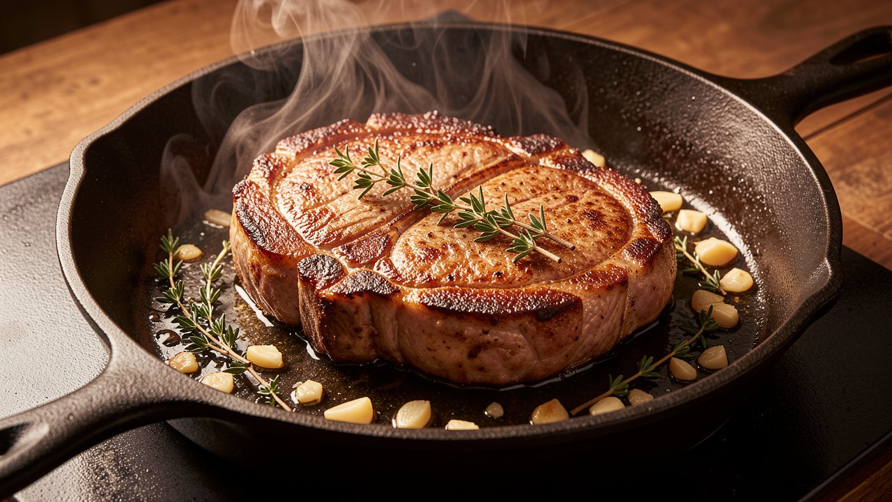 Thick bone-in lamb loin chops searing to a deep brown crust in a cast iron skillet