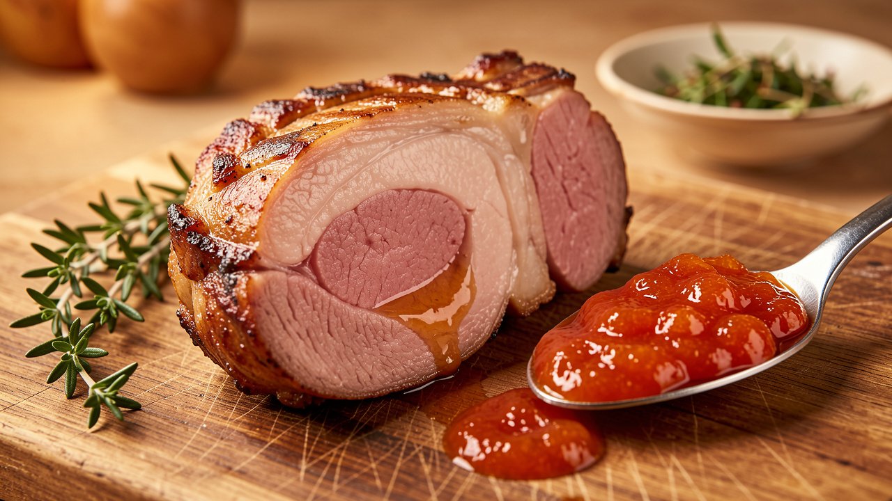 A rested lamb loin chop sliced to show a juicy rosy pink center beside apricot tomato chutney