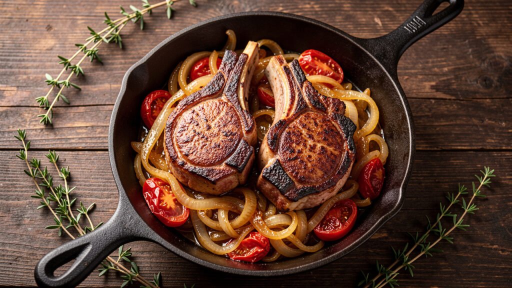 Seared pork chops resting on golden onions and wilted tomatoes in a cast iron skillet