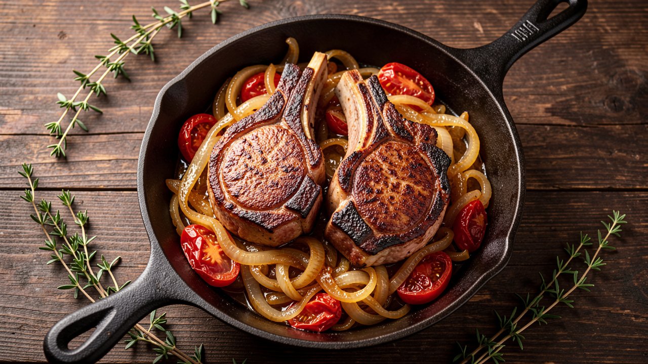Seared lamb chops resting on golden onions and wilted tomatoes in a cast iron skillet