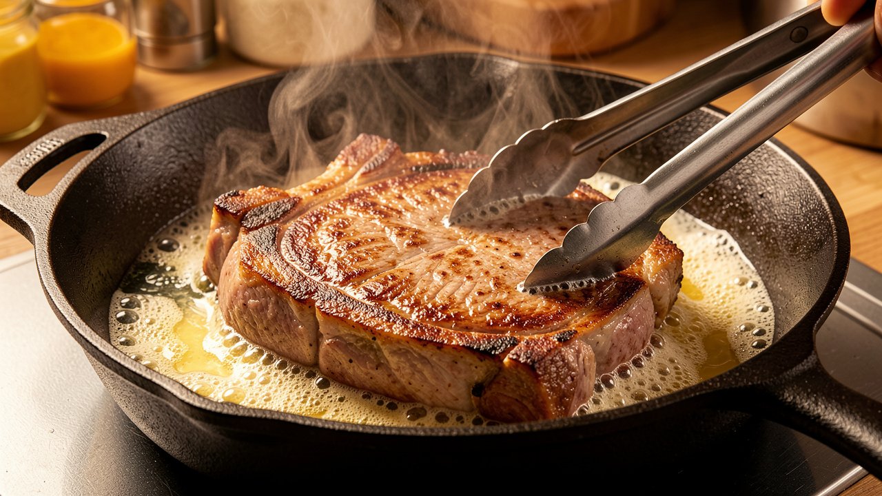 Lamb chops searing to a deep brown crust in a hot skillet with foaming butter