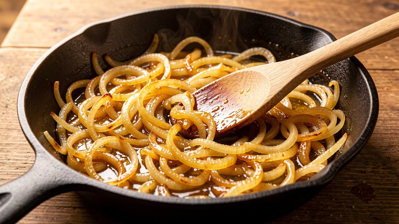 Sliced onions cooked down to soft jammy golden brown in a skillet