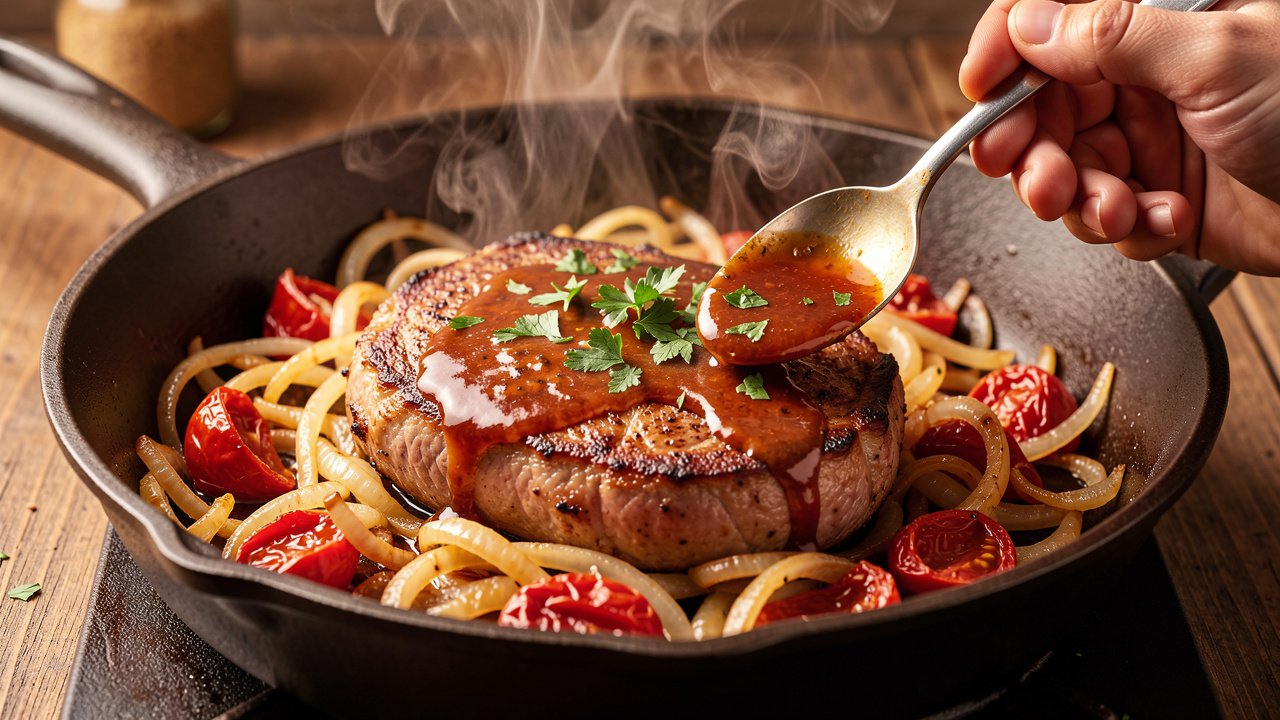 Lamb chops returned to the skillet of golden onions and wilted tomatoes, garnished with parsley