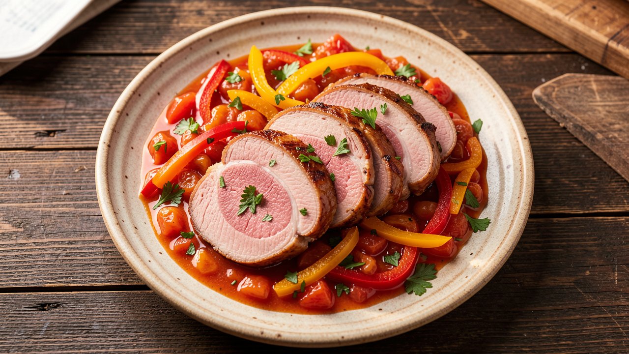 Sliced beef tenderloin fanned over a tomato and bell pepper sauce with fresh parsley
