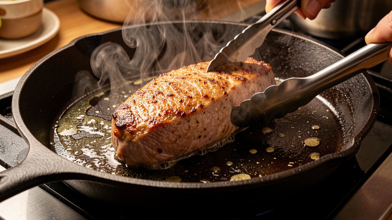Beef tenderloin searing to a deep brown crust in a hot skillet