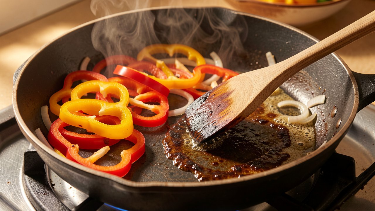 Peppers and onions softening while a spoon scrapes up browned fond in the pan