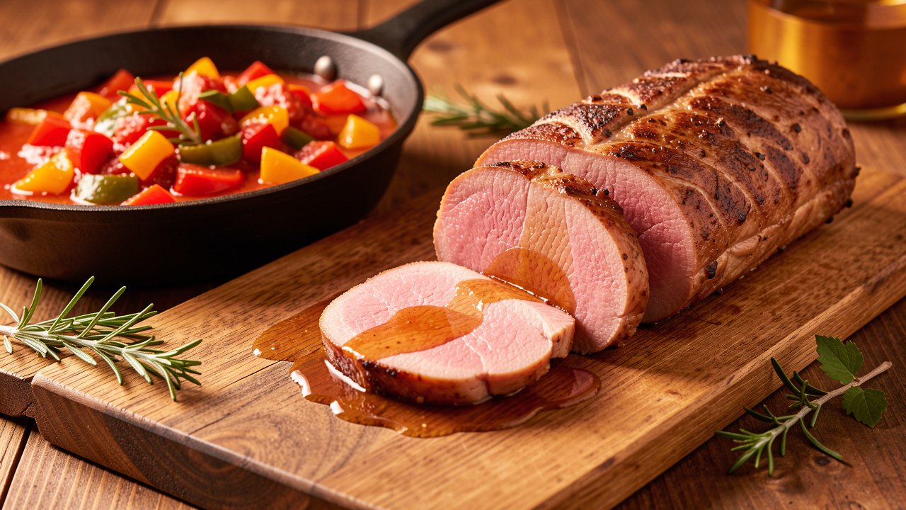 Beef tenderloin sliced against the grain into rosy medallions beside the pepper sauce