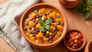 A rustic bowl of thick porotos granados, a Chilean bean, squash and corn stew flecked with fresh basil