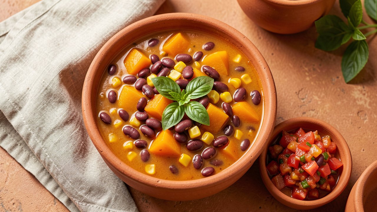 A rustic bowl of thick porotos granados, a Chilean bean, squash and corn stew flecked with fresh basil