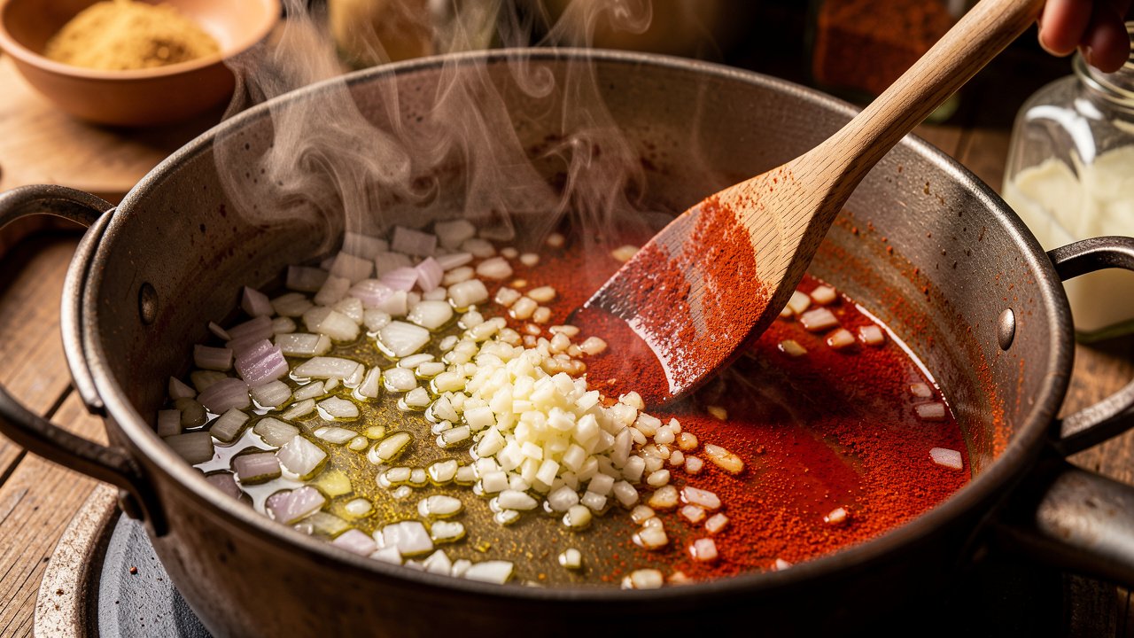 Onion and garlic softening with sweet paprika staining the oil red in a pot