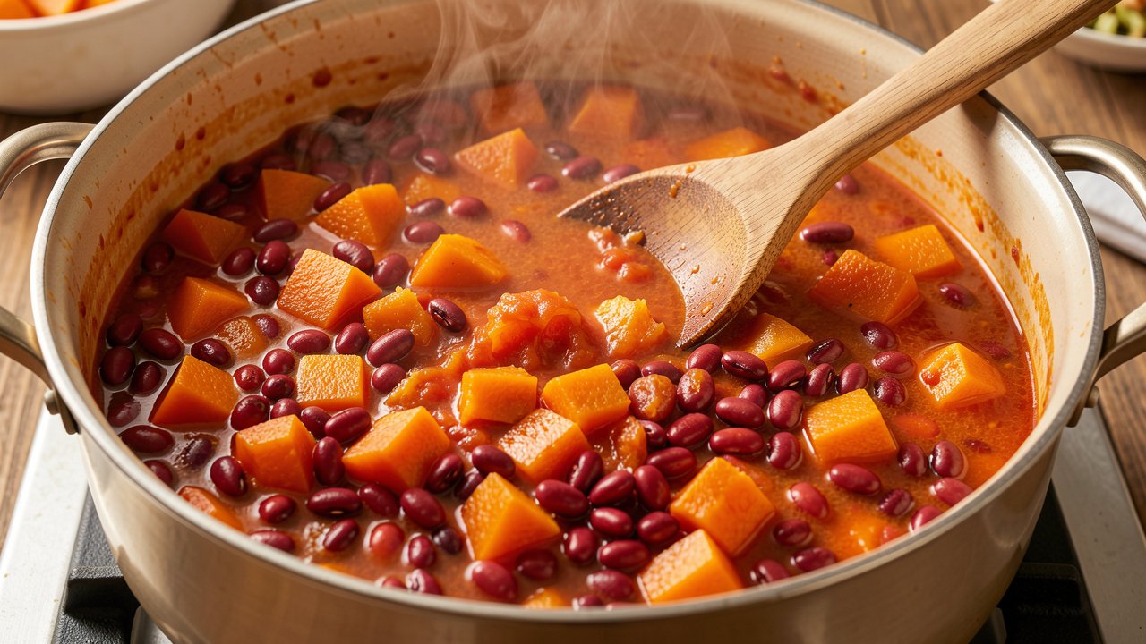 Cranberry beans and winter squash simmering in a red-gold tomato broth