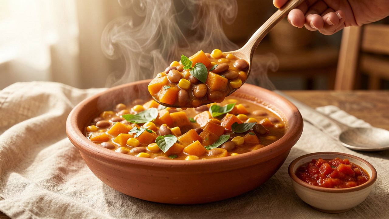 Finished porotos granados being ladled into a rustic bowl with fresh basil stirred through