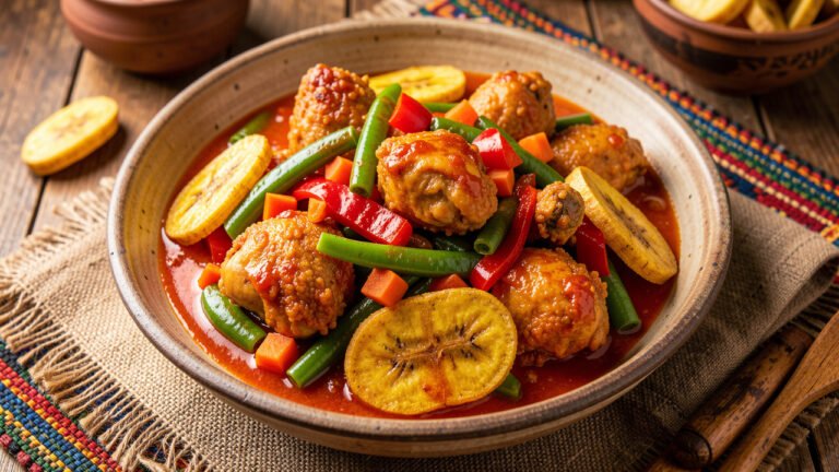 Poulet DG with golden fried chicken and plantains in a colorful tomato and vegetable sauce