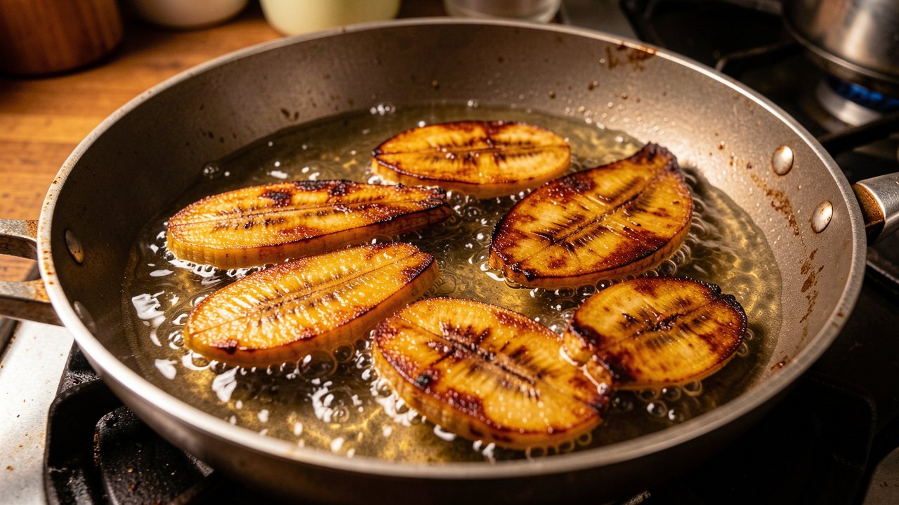 Ripe plantain slices frying to golden brown in a pan