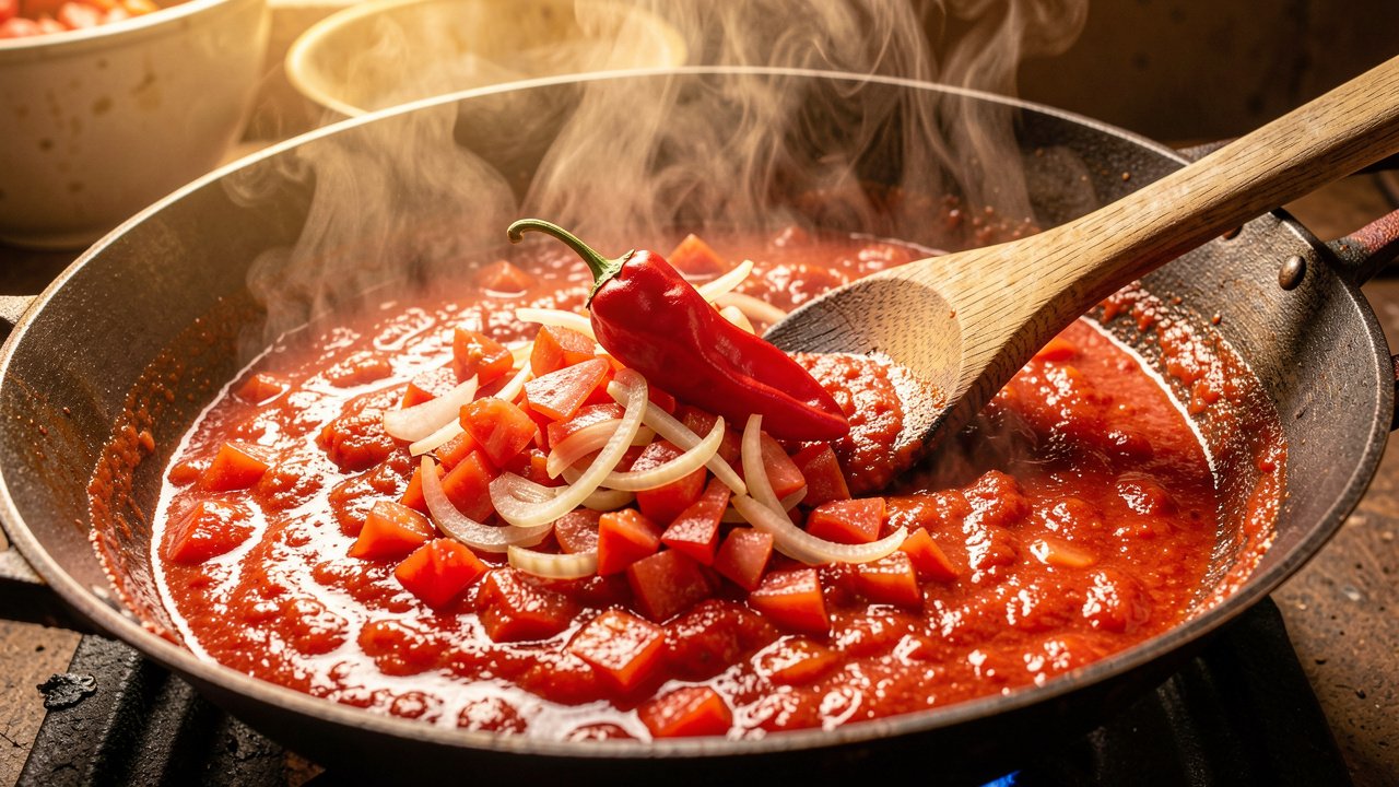 Tomatoes cooking down into a thick glossy red sauce with a Scotch bonnet on top