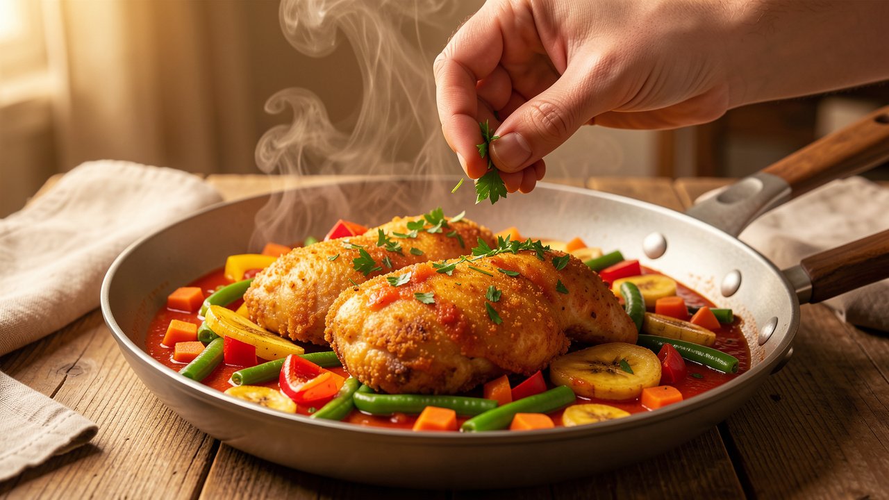 Finished poulet DG with chicken and plantains in a colorful vegetable sauce, garnished with parsley