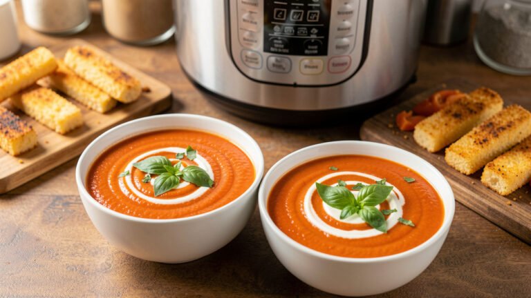 Two bowls of silky pressure cooker cream of tomato soup with a swirl of cream and fresh basil