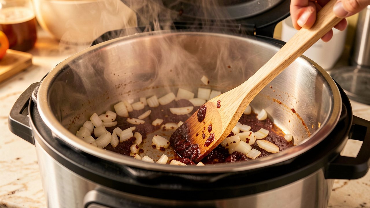 Stock being poured into a pressure cooker insert while a wooden spoon scrapes fond from the base
