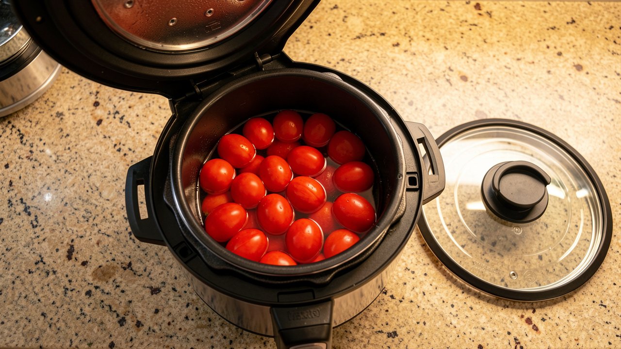Canned tomatoes layered on top of stock in a pressure cooker without stirring