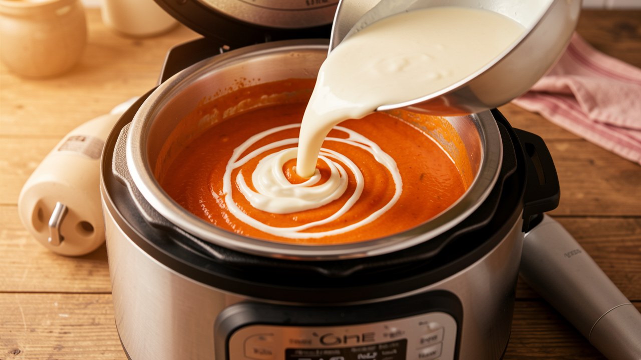 Cream being stirred into blended tomato soup in an electric pressure cooker