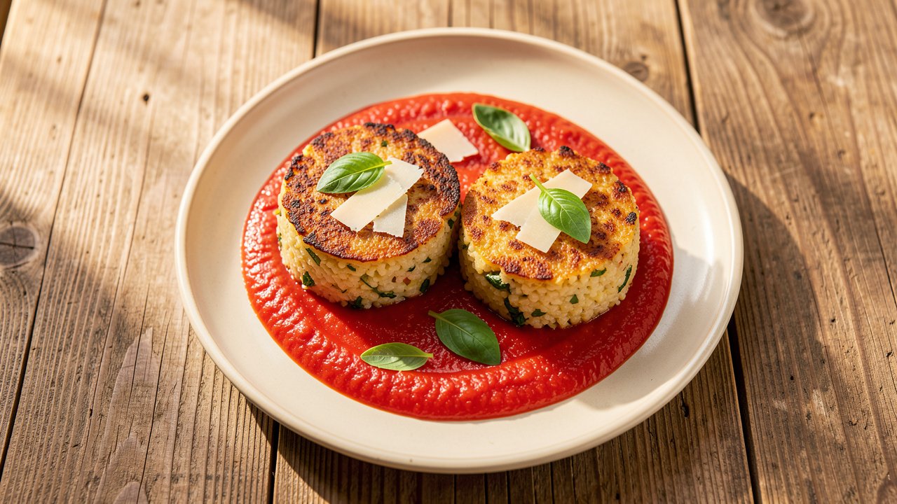 Golden risotto cakes served on a pool of smooth tomato basil puree with fresh basil leaves