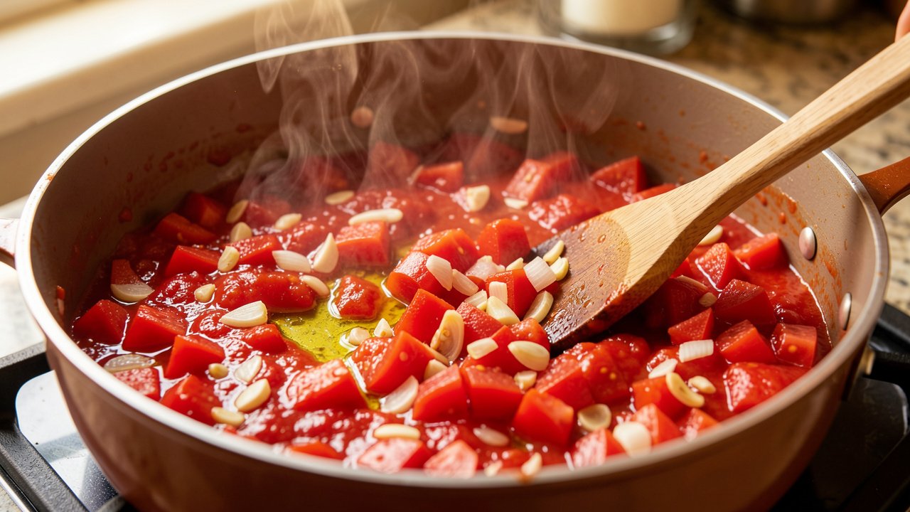 Chopped tomatoes simmering with shallot and garlic to make a thick puree base