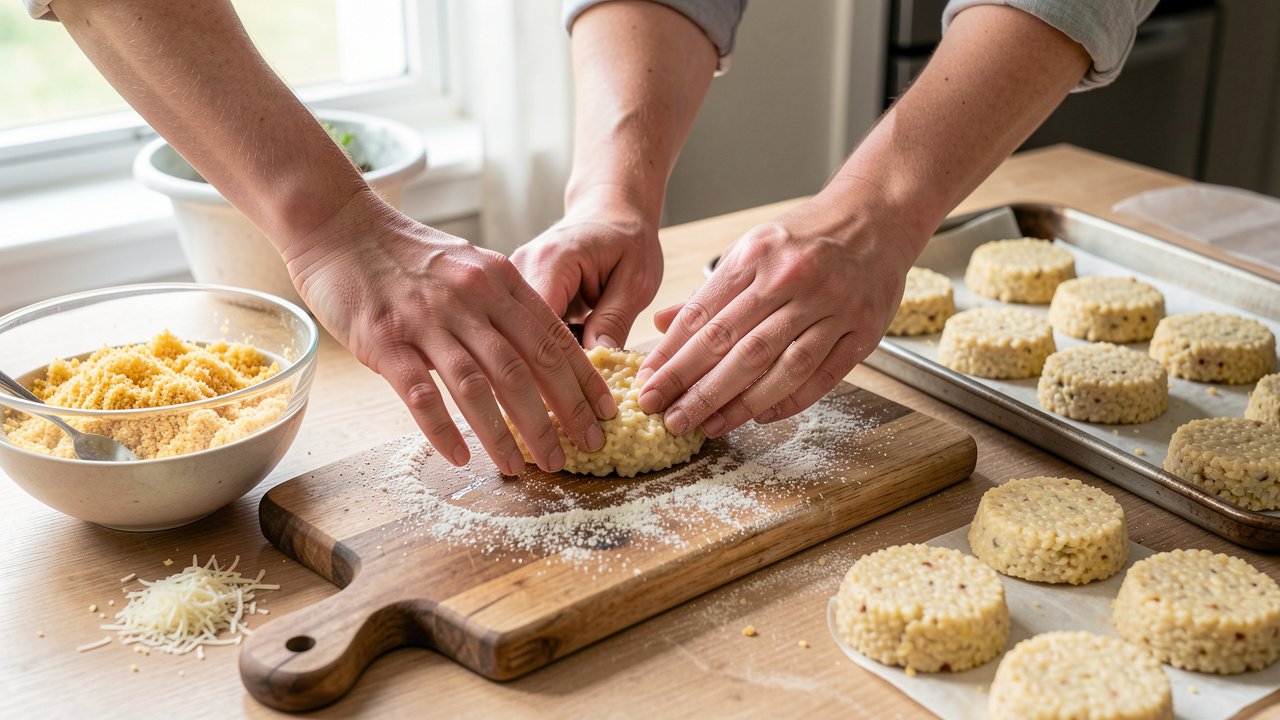 Hands shaping cold risotto into round cakes and coating them in breadcrumbs