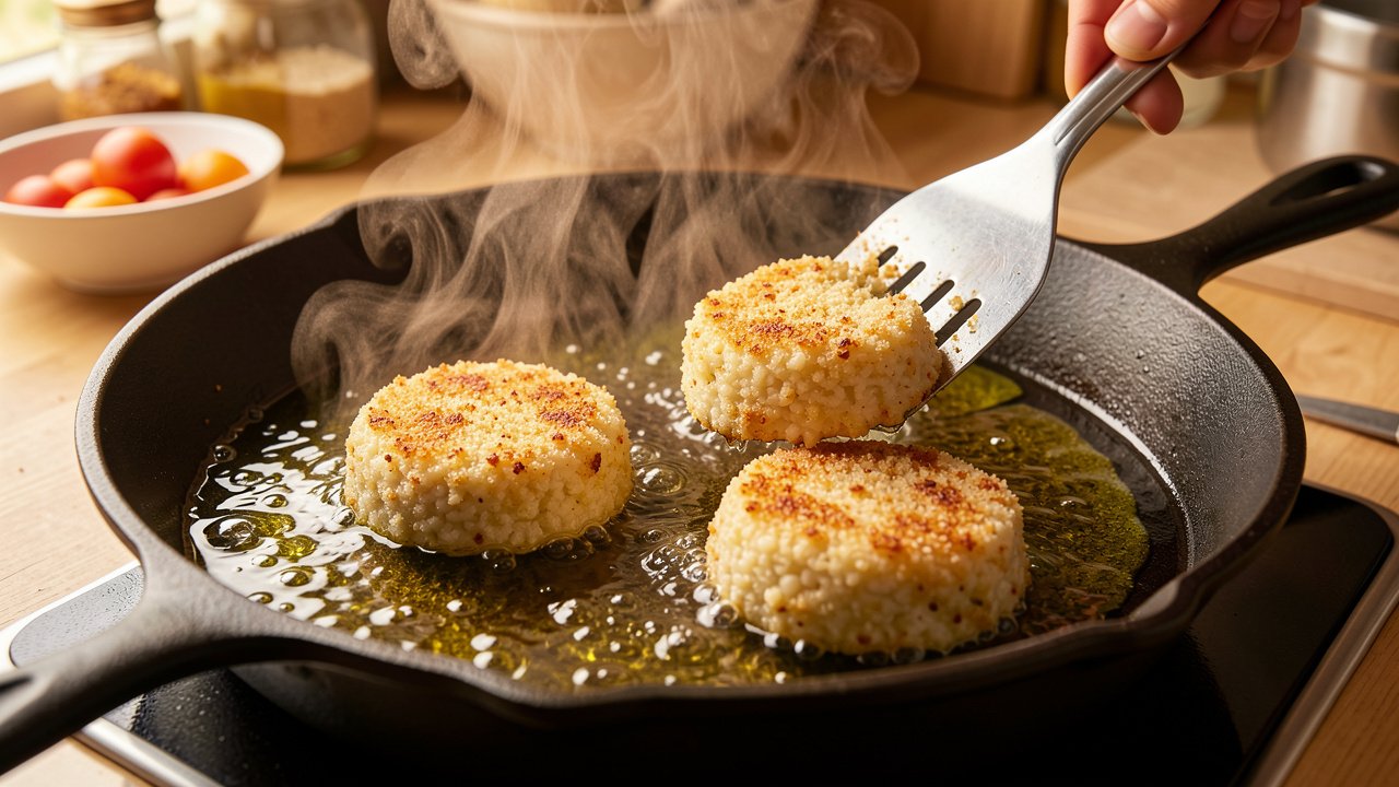 Risotto cakes frying to a deep golden crust in a cast-iron skillet