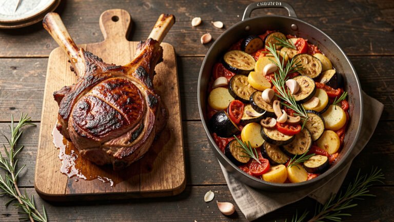 Carved roast leg of lamb beside a pan of layered potato, eggplant and tomato tian