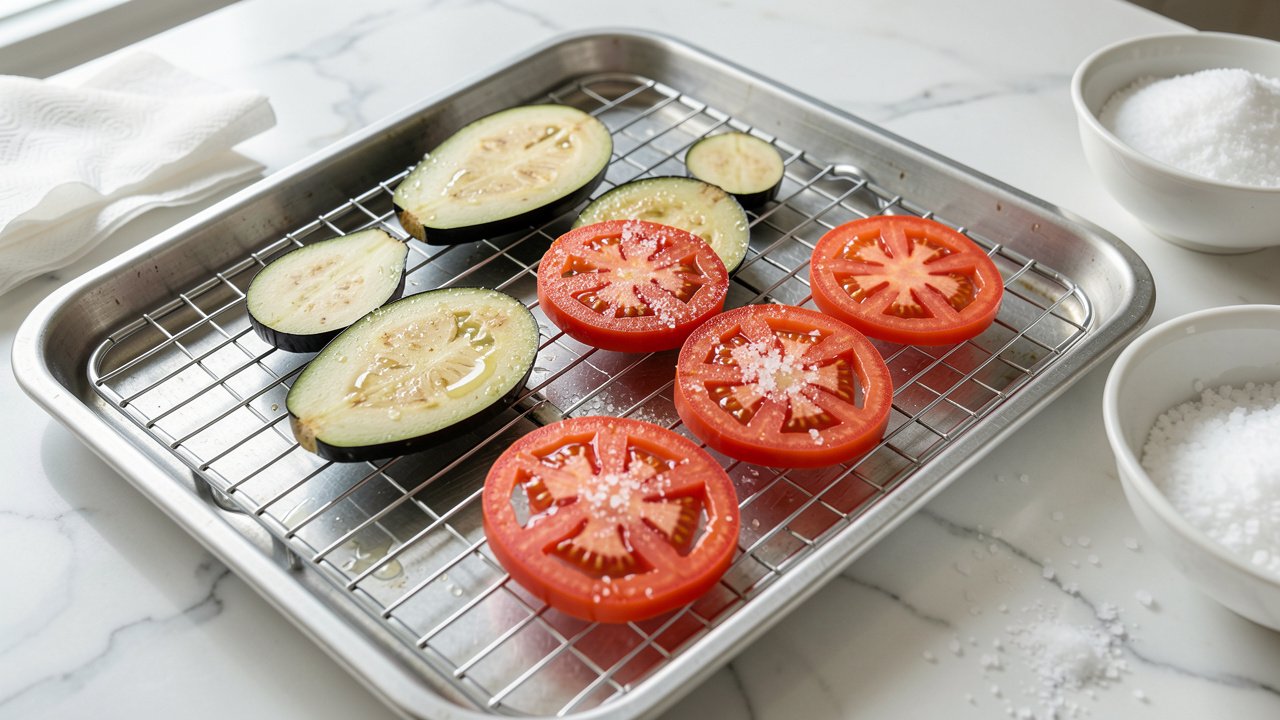 Thin eggplant and tomato slices salted and draining on a wire rack