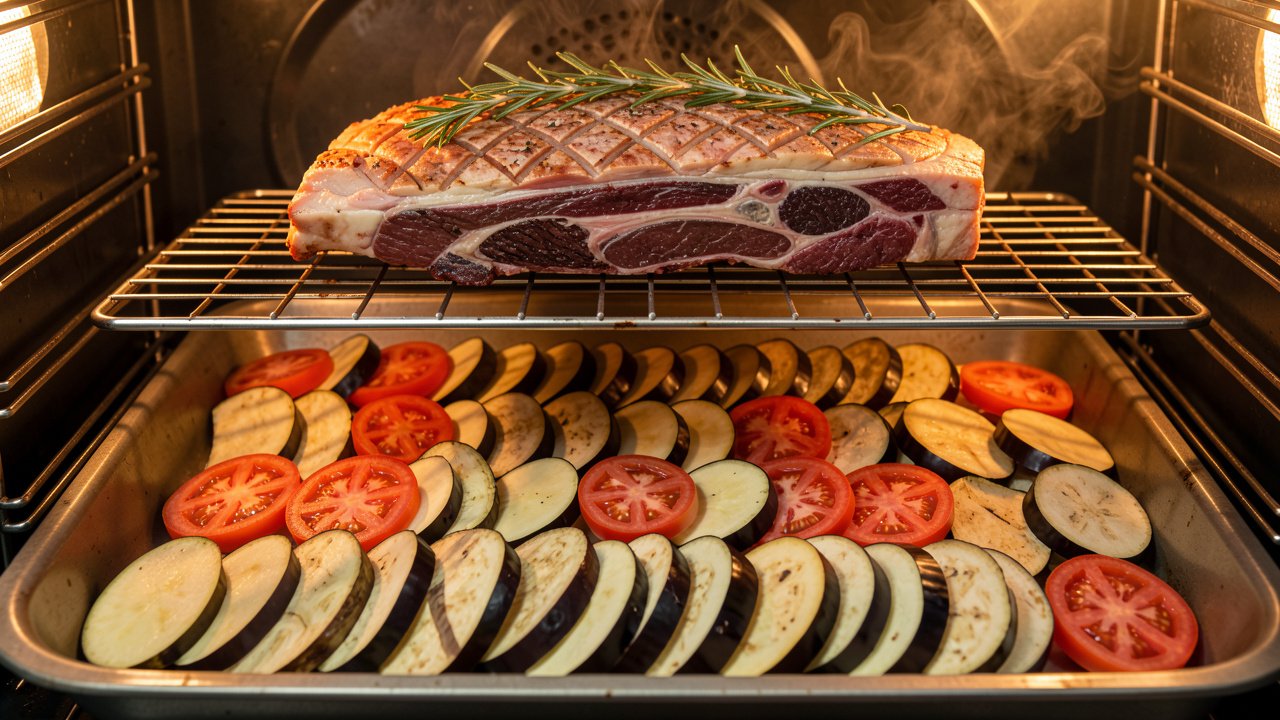 Leg of lamb on a rack above a roasting pan of layered potato, eggplant and tomato