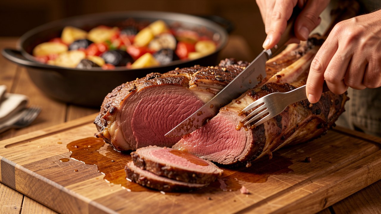 Roast leg of lamb being carved into medium-rare slices on a wooden board