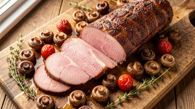 Sliced roast pork loin with mushrooms and tomatoes, slices faintly pink with pan juices