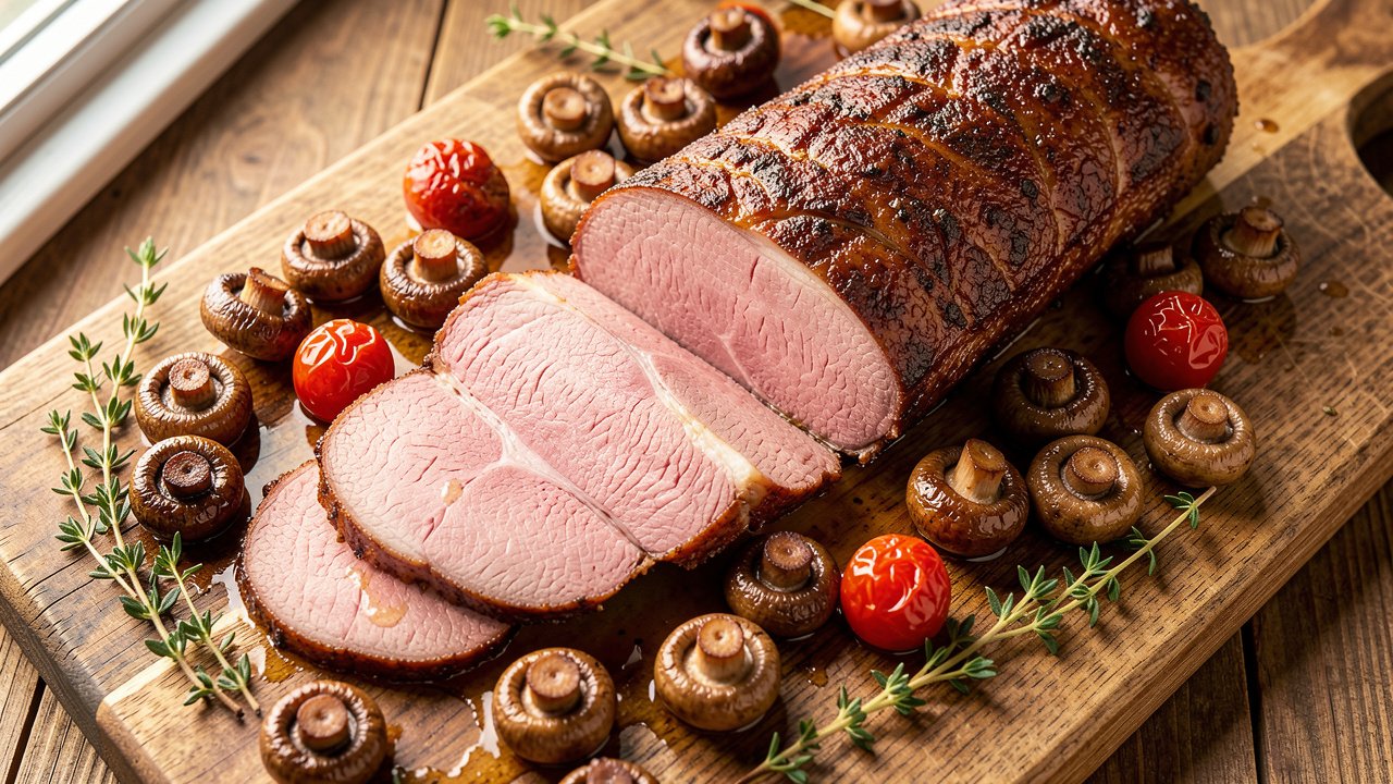 Sliced roast beef with mushrooms and tomatoes, slices pink with pan juices