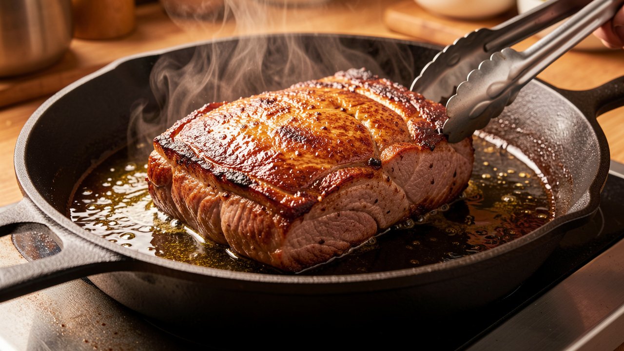 Beef loin roast searing fat side down in a hot skillet with a deep brown crust
